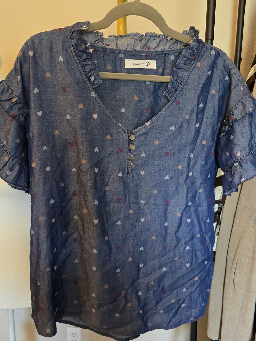 Billy T Blue Heart-Print Chambray Blouse